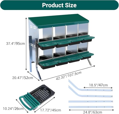 8 - Compartment Roll Away Chicken Nesting Box, Wall - Mount Laying Egg Box with Easy Egg Collection & Cleanable Pull - Out Trays, Hen Roosting Boxes for Efficient Egg Laying（Green）