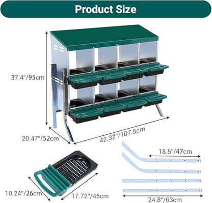 8 - Compartment Roll Away Chicken Nesting Box, Wall - Mount Laying Egg Box with Easy Egg Collection & Cleanable Pull - Out Trays, Hen Roosting Boxes for Efficient Egg Laying（Green）