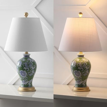 JONATHAN Y 24" Green/White French Country Ceramic Floral Urn Table Lamp, White Linen Shade, Chinoiserie Ginger Jar Bedside Lamp for Living Room Bedroom, LED Bulb (JYL3009F) - color: Green/White