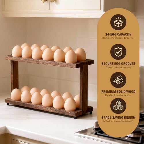 PEKER Wooden Egg Holder, 2-Tier Countertop Egg Rack, 24-Egg Capacity (Paulownia Wood), Farmhouse Kitchen Organizer for Fresh Eggs