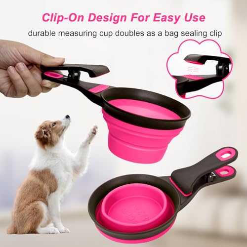 Collapsible Silicone Dog Food Scoop Foldable Pet Food Measuring Cup with Bag Clip 3 in 1 Multi-Function Silicone Dog Food Scooper (Rose Red, Large) - color: Rose Red, size: Large