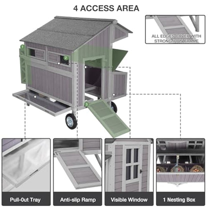 GUTINNEEN Chicken Coop with Large Wheels for 3-6 Chickens, Mobile Wooden Hen House with 3 Nesting Boxes, Removable Tray, Durable Outdoor Duck Coop Rabbit Hutch - size: 48.6"L x 41.0"W x 51.2"H