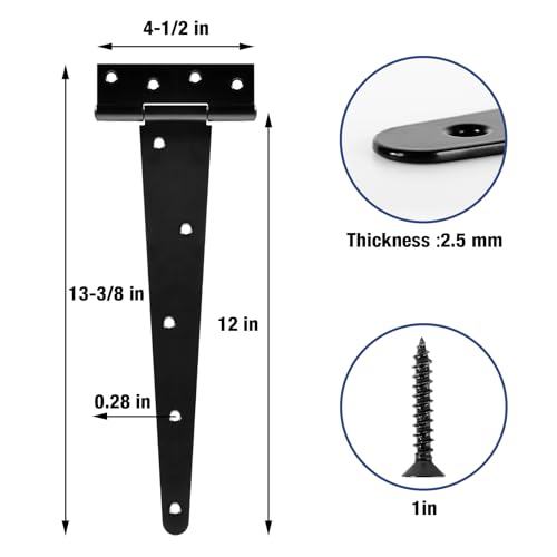 Heavy Duty Fence Gate Hinges for Wood 12 Inch 6 Pack Black T Strap Garden Shed Door Hinges Extra Large Wooden Farm Gate Hinges Kit Outdoor Interior Furniture Cabinet Box Garage Window Tee Barn Hinge - size: 6Pack-12inch