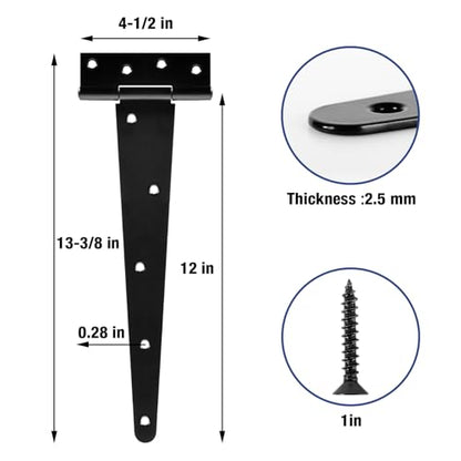 Heavy Duty Fence Gate Hinges for Wood 12 Inch 6 Pack Black T Strap Garden Shed Door Hinges Extra Large Wooden Farm Gate Hinges Kit Outdoor Interior Furniture Cabinet Box Garage Window Tee Barn Hinge - size: 6Pack-12inch