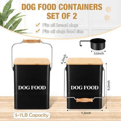 Tioncy 2 Pcs Metal Dog Food Storage Containers Total 10-14 Lbs (50 Cup) Capacity, Airtight Pet Food Canister with Bamboo Lids Scoop DIY Labels Dog Treat Storage Jars for Kitchen Counter(Matte Black) - color: Matte Black