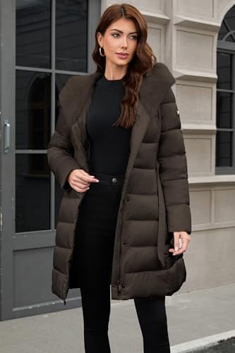 PAPILLON D'OR WEAR YOUR WINGS Women's Long Puffer Coat with Belt, Hood & Furry Lining - Knee-Length Winter Jacket - color: Tea-brown, size: Small