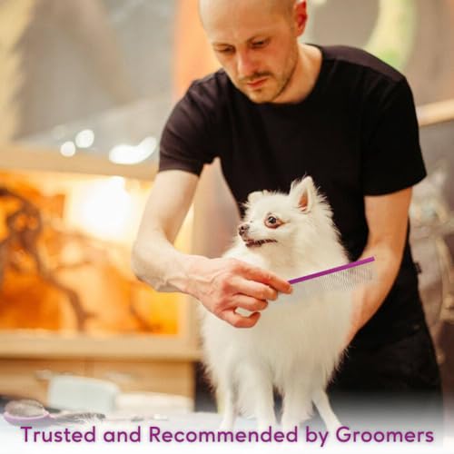 Pet Comb 8 inches Comfortable Grooming Comb with Different-Spaced Rounded Stainless Steel Teeth, Easy Grip and Convenient Grooming for Pets Dog Cat with Medium Coarse Fur - Purple - size: 8"