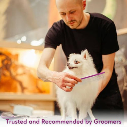 Pet Comb 8 inches Comfortable Grooming Comb with Different-Spaced Rounded Stainless Steel Teeth, Easy Grip and Convenient Grooming for Pets Dog Cat with Medium Coarse Fur - Purple - size: 8"