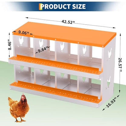 8 Compartment Chicken Nesting Box, Galvanized Steel Metal Laying Box with Removable Tray Roll-Out Egg Collection, Wall Mount Hen Roosting Box, Easy Egg Collection - color: Orange, size: 8 holes