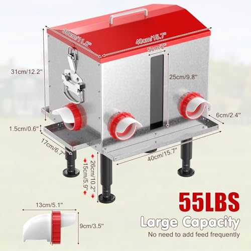 Pawaboo 55LBS Large Capacity Automatic Chicken Feeder - 2026 Upgraded No Waste Poultry Feeder, 7 Feeding Ports, Viewable Feed Level Window, Height-Adjustable Legs + Wobble-Free Stability - color: Red + Silver