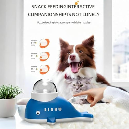 Interactive Dog Treat Dispenser Toy, Whale Shape Puzzle Feeder with Press Button and Rotating Design, White and Blue, Slow Feeding Game for Dogs and Cats