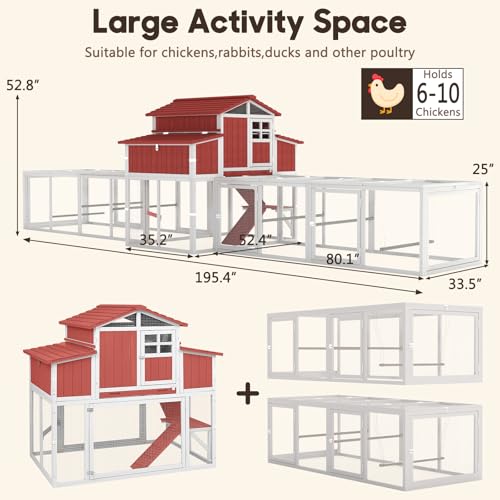 Extra Large Wooden Chicken Coop with Dual Runs for 6–10 Chickens, 2-Tier Elevated Hen House with Nesting Boxes, Expandable Connected Runs, Reinforced Frame, Slide-Out Tray, Red - color: Red