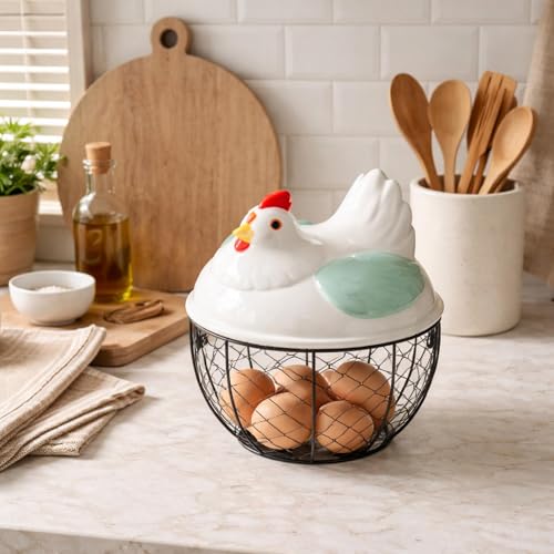 Chicken Egg Basket Metal Iron Wire Egg Collection Basket Vegetable Fruit Basket Farmhouse Decorative Storage with Ergonomic Handles Suitable for, Green Lid