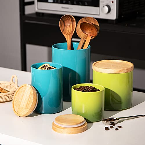 Sweejar Ceramic Food Storage Jar, Stackable Kitchen Canisters, Containers with Airtight Seal Wooden Lid for Serving Ground Coffee, Tea, Sugar, Salt and More - 28 Fl Oz (Gradient Green) - color: Gradient Green, style: 28 Fl Oz (4.0"x6.1")