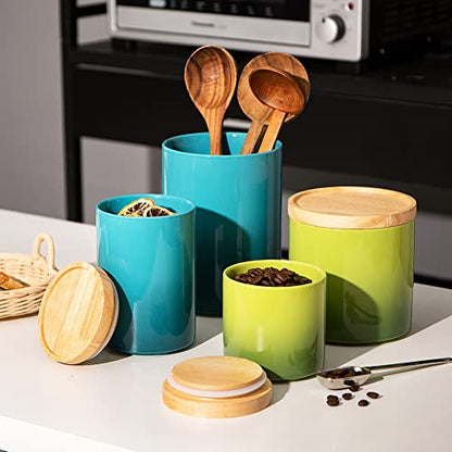 Sweejar Ceramic Food Storage Jar, Stackable Kitchen Canisters, Containers with Airtight Seal Wooden Lid for Serving Ground Coffee, Tea, Sugar, Salt and More - 16 Fl Oz (Gradient Green) - color: Gradient Green, style: 16 Fl Oz (4.1"x4.4")