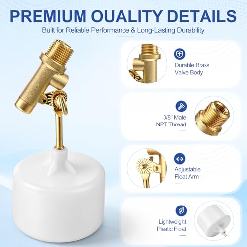 Lounsweer 2 Pack 3/8" Water Float Valves, Brass Pool Float Valve with Adjustable Arm, Water Level Control for In-Ground Pools & Auto-Fill Systems Fountains Tank Ponds Aquariums