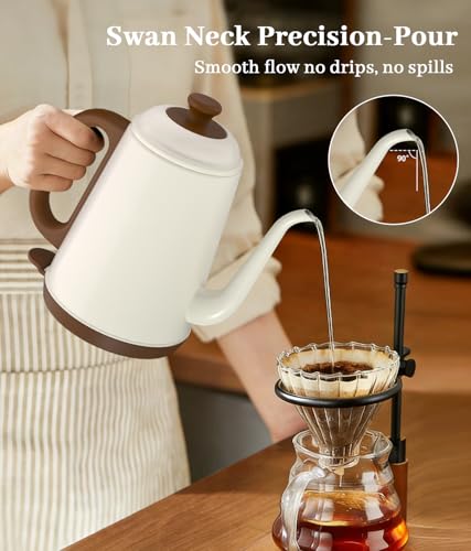 Gooseneck Electric Kettle 1L, 1000W Fast Boiling for Pour-Over Coffee & Tea, 304 Stainless Steel BPA-Free, Precise Flow Spout, Auto Shut-Off & Boil-Dry Protection, Retro Style (White) - color: White