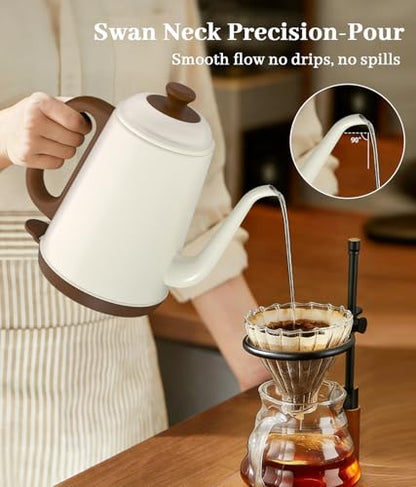 Gooseneck Electric Kettle 1L, 1000W Fast Boiling for Pour-Over Coffee & Tea, 304 Stainless Steel BPA-Free, Precise Flow Spout, Auto Shut-Off & Boil-Dry Protection, Retro Style (White) - color: White