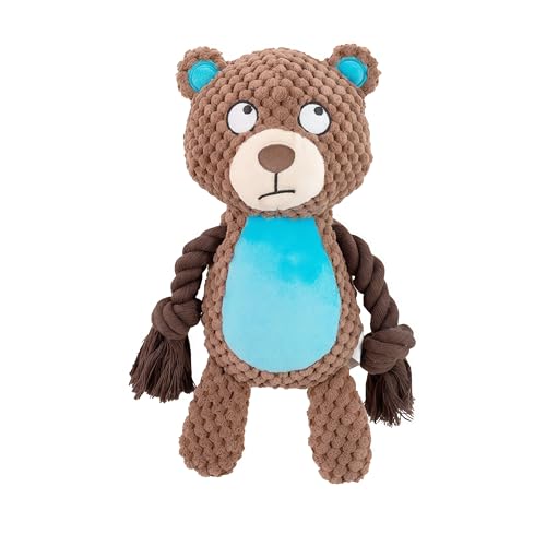 Plush Bear Dog Toy with Rope Arms, Squeaky Interactive Pet Toy, Brown and Blue, for Small & Medium Dogs - color: Brown