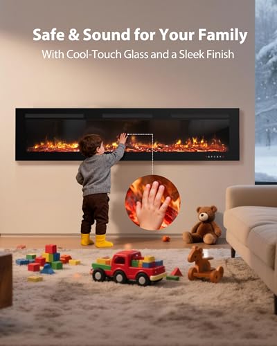 EUHOMY 72 Inch Electric Fireplace Wall Recessed and Wall Mounted with Adjustable Flame Color, Fireplace Heater with Remote Control, Linear Fireplace with Timer, Touch Screen, Log & Crystal, 750/1500W - size: 72 Inch