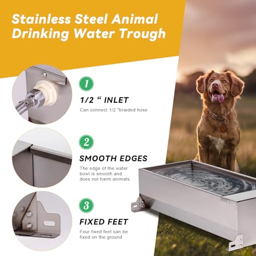 Automatic Livestock Water Trough Stainless Steel Animal Drinking Water Bowl Dispenser with Float Valve Kit Large Capacity Outdoor Animal Self Filling Horse Trough for Dog Horse Pig Cow Goat