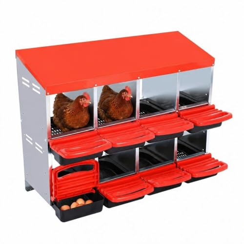 Chicken Nesting Boxes, 8 Compartment Metal Stainless Steel Chicken Laying Boxes with Legs, Removable Roll-Away Trays & 2-in-1 Perch, Easy to Clean and Install, for Outdoor Chicken Coop, Red - color: Red, size: 8 holes with legs