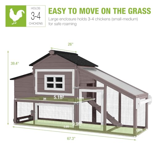 GUTINNEEN Chicken Coop Mobile Hen House Wooden with Run Poultry Cage with Nesting Box,Field Grey - color: Field Grey
