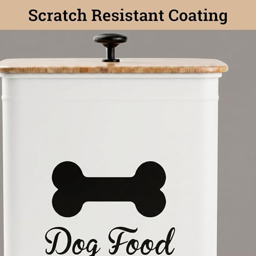 Dog Food Container Airtight Bamboo Lid 5-7 lb, 25 Cups, Sturdy Metal Handle | Pet Jar For Dogs up to 50lbs, Airtight Bamboo Lid, Sturdy Comfortable Metal Handle, Powder Coated Iron, Kibble Storage Bin - color: White