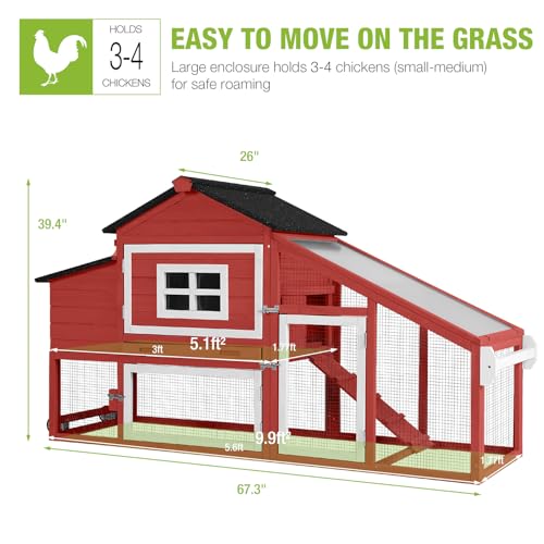 GUTINNEEN Chicken Coop Mobile Hen House Wooden with Run Poultry Cage with Nesting Box,Red - color: Red