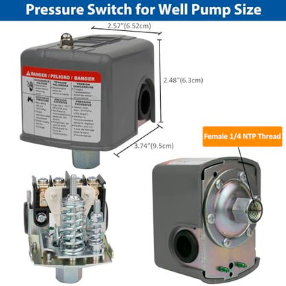 WHK Water Pressure Switch for Well Pump 30-50psi Auto Electrical Control Adjustable Differential 1/4 Female NPT UL Certified Grey