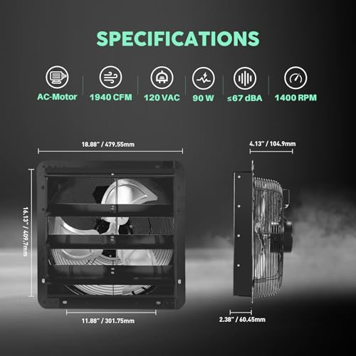 YOZON 16" Shutter Exhaust Fan with Speed Controller, Wall Mounted Wall Exhaust Fan, Automatic Shutter, High Speed, 1940CFM, Vent Fan for Garage, Greenhouse, Shed, Warehouse and Workshop - Black - size: 16 INCH Black