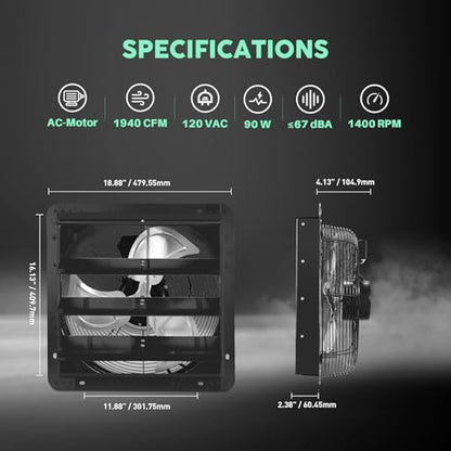 YOZON 16" Shutter Exhaust Fan with Speed Controller, Wall Mounted Wall Exhaust Fan, Automatic Shutter, High Speed, 1940CFM, Vent Fan for Garage, Greenhouse, Shed, Warehouse and Workshop - Black - size: 16 INCH Black