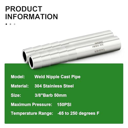 TAISHER 5PCS 304 Stainless Steel Pipe Fittings, 3/8" Barb, 2" Length Weld Nipple Cast Pipe - size: 3/8" Barb(2" Length)