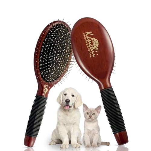 Kenchii Pet Grooming Metal Pin Brush for Dogs and Cats, Size Large, Solid Wood Handle, Non Slip Grip, Detangling and Shedding Brush for Long or Short Haired Pets, All Hair Type - size: Large
