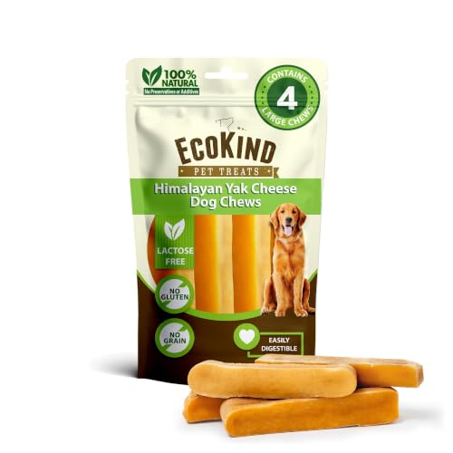 EcoKind Yak Cheese Himalayan Dog Chews, Yak Chews for Large Dogs, Long Lasting Bone for Aggressive Chewers, 3 Ingredients, Natural High Protein Treats, No Additives, Lactose Free, Large 1lb, 4-5 Chews