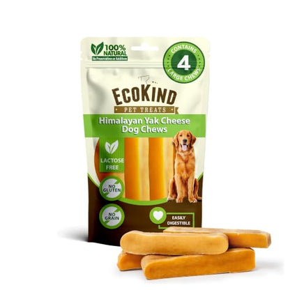EcoKind Yak Cheese Himalayan Dog Chews, Yak Chews for Large Dogs, Long Lasting Bone for Aggressive Chewers, 3 Ingredients, Natural High Protein Treats, No Additives, Lactose Free, Large 1lb, 4-5 Chews