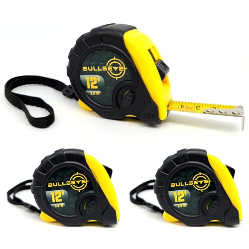 Bullseye Tape Measure 12 Foot 3-Pack | Yellow | Small, Retractable Measuring Tapes with Pause Buttons | Easy-to-Read Standard and Metric Measurements for Adults and Kids | Inches and Centimeters - color: Yellow