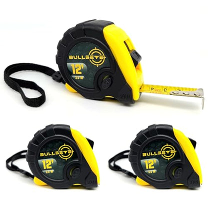 Bullseye Tape Measure 12 Foot 3-Pack | Yellow | Small, Retractable Measuring Tapes with Pause Buttons | Easy-to-Read Standard and Metric Measurements for Adults and Kids | Inches and Centimeters - color: Yellow