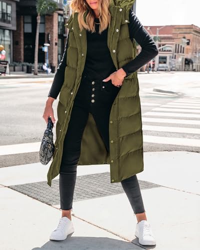 BTFBM Long Puffer Vest Women Quilted Hooded Button Down Zip Up Sleeveless Vests Outerwear Padded Jacket Fall Winter Coat - color: Army Green, size: Medium