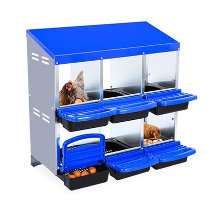 Garvee Chicken Nesting Box, 6-Hole Roll Away Egg Laying Box with Lid, Heavy-Duty Galvanized Steel Rustproof Design - Easy Egg Collection, Easy Clean (Wall-Mountable Without Bracket, Blue)