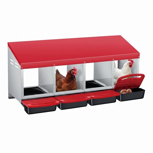 Chicken Nesting Boxes, 4 Compartment Metal Stainless Steel Chicken Laying Boxes with Removable Roll-Away Trays, Vented Holes & 2-in-1 Perch for Chickens Ducks Birds Red - color: Red, size: 1-Tier 4 Compartment