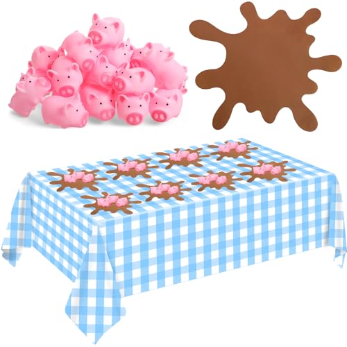 FoldTier 33 Pcs Blue Pig Birthday Party Supplies Includes Mini Rubber Pink Pig Muddy Puddle Placemat Plastic Disposable Checkered Tablecloth for Piggy Theme Party Decorations - color: Blue
