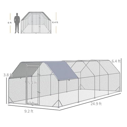 PawHut Large Chicken Coop Metal Chicken Run with Waterproof and Anti-UV Cover, Flat Shaped Walk in Fence Cage Hen House for Outdoor and Yard Farm Use, 1" Tube Diameter, 9.2' x 24.9' x 6.4' - size: 299.2"L x 110.2"W x 76.8"H