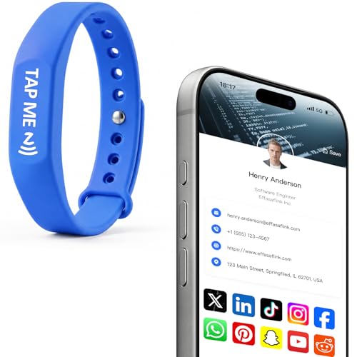 Smart Digital Business Card Wristband with NFC & QR Code - Social Media Sharing Bracelet - Tap to Share Profile - Compatible with iOS & Android (Blue) - color: Blue