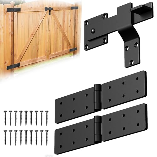 Fence Gate Hinges and Latch Set Heavy Duty -Black 270 Degree Strap Hinge & Adjustable Latch Kit for Outdoor,Garden,Backyard,Barn,Shed Wood Doors -Rust-Resistant Farm Gate Hardware with Screws