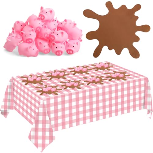 FoldTier 33 Pcs Pink Pig Birthday Party Supplies Includes Mini Rubber Pink Pig Muddy Puddle Placemat Plastic Disposable Checkered Tablecloth for Piggy Theme Party Decorations - color: Pink