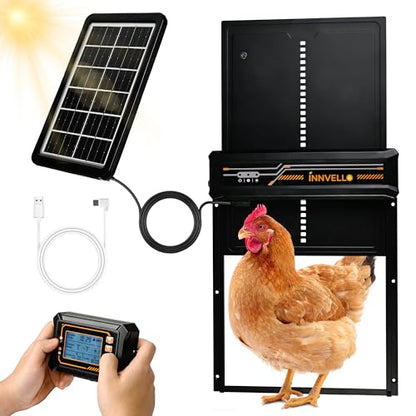 Automatic Chicken Coop Door Solar Powered with Remote Control Setup & LCD Screen, Anti-Pinch Chicken Door, Aluminum Auto Poultry Door with Timer & Light Sensor