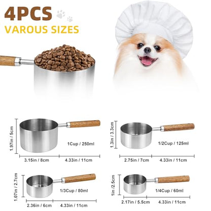 4 Pcs Dog Food Scoop, Stainless Steel 1 Cup, 1/2 Cup, 1/3 Cup, 1/4 Cup Measuring Cup, Cat Food Scoop with Wood Handle, Pet Food Scoop