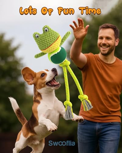 Swooflia Durable Squeaky Dog Toy - Interactive Plush Cute Frog with Rope Legs, Teeth Cleaning Tug Toy for Small Medium and Large Dogs, Puppy Chew Toy for Training and Play - color: Green