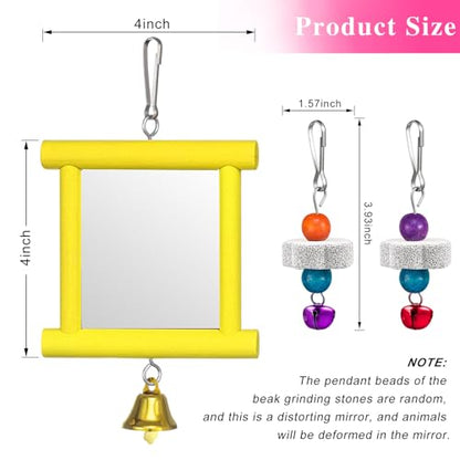 Sumind 2 Pieces Chicken Mirror Toys Hanging Swing Mirror with Bell Wooden Pecking Toy and 4 Pieces Beak Grinding Molar Stones for Hens Birds Parrots(Yellow,Green) - color: Yellow,Green